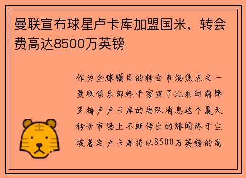 曼联宣布球星卢卡库加盟国米，转会费高达8500万英镑